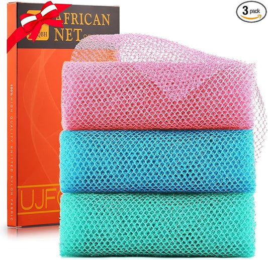 UJFQBH 3 Pieces African exfoliating net African Net Long Net Bath Sponge Exfoliating Shower Body Scrubber Back Scrubber Skin Smoother,Great for Daily Use (Pink, Blue, Green)-Velvo Beauty