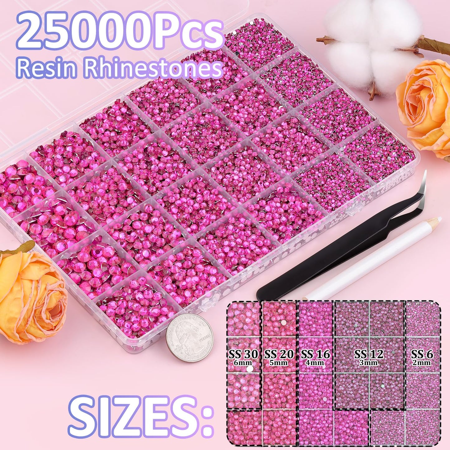 25000Pcs Resin Rhinestones with Tweezers for Crafting, Hot Pink 2-6mm Mixed Sizes Non Hotfix Flatback Gems, Bedazzling Crystal for DIY Craft Clothing Mugs Tumblers Shoes Fabric Decor Nail Art-Velvo Beauty