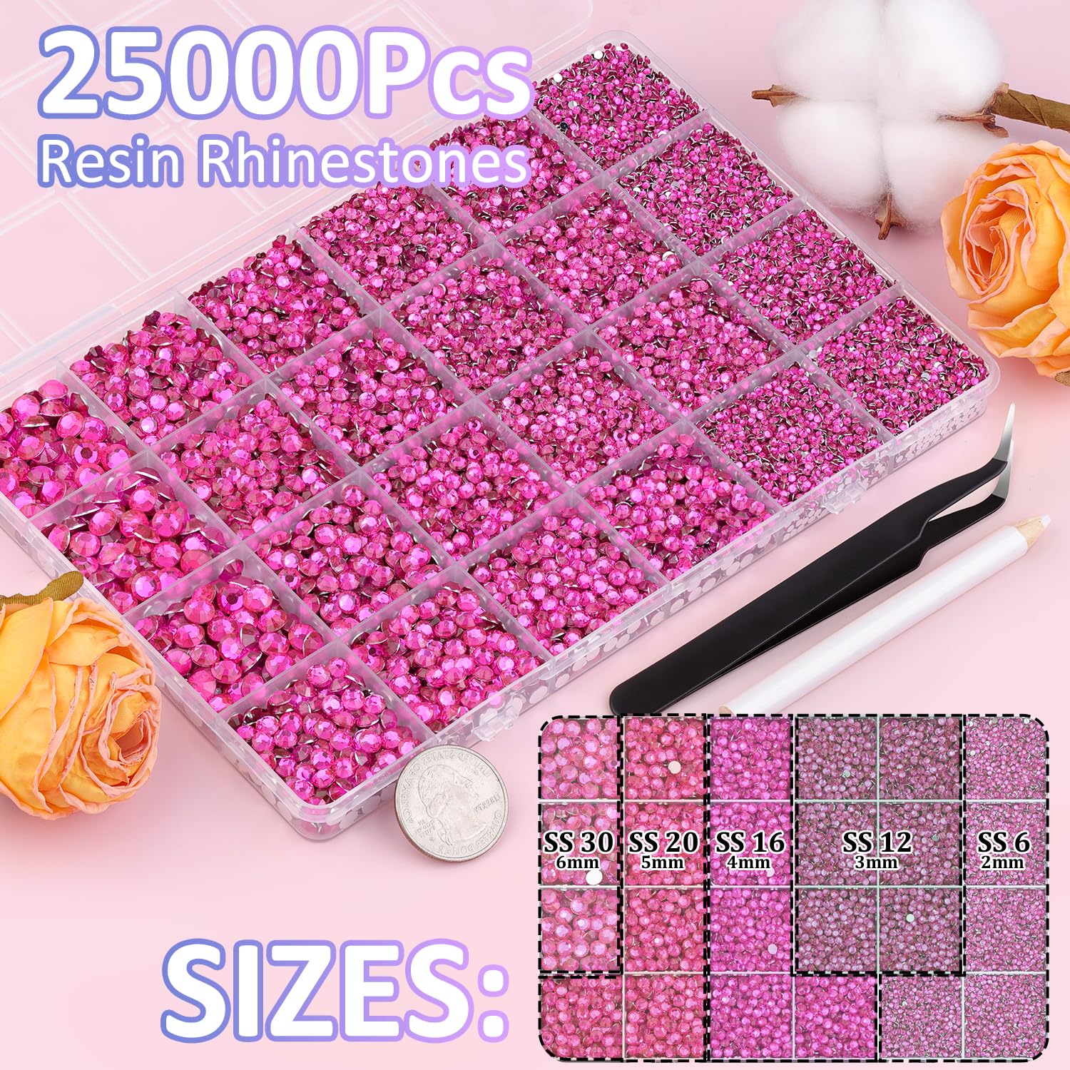 25000Pcs Resin Rhinestones with Tweezers for Crafting, Hot Pink 2-6mm Mixed Sizes Non Hotfix Flatback Gems, Bedazzling Crystal for DIY Craft Clothing Mugs Tumblers Shoes Fabric Decor Nail Art-Velvo Beauty