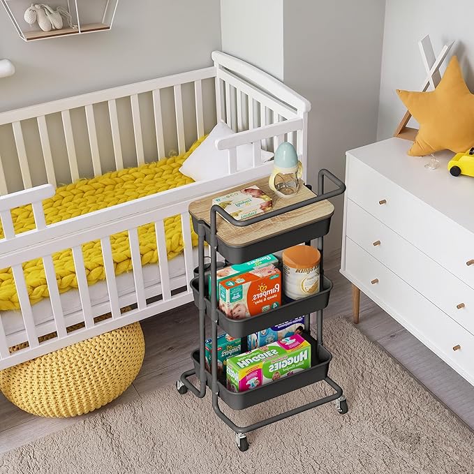 DTK 3 Tier Rolling Cart Uility Cart with Cover Board, Mobile Storage Cart with Wheels, Cups, Hooks for Office Utility Kitchen Bathroom Homeschool Art Craft Postpartum Teacher Cart Organizer(Black)-Velvo Beauty