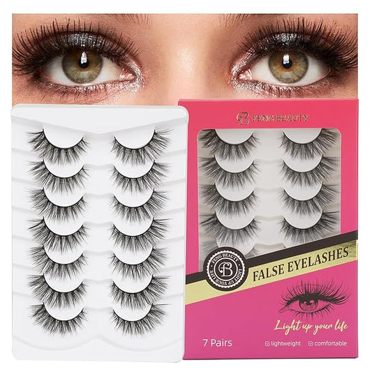 Fluffy Wispy Eyelashes 7 Pairs Natural Look Faux Mink Strip lashes, Lightweight D Curl Cat Eye Fake Lashes for Daily Wear, Reusable Eye Makeup Set-Velvo Beauty