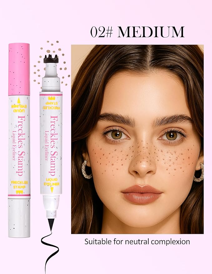Erinde Waterproof Freckle Stamp Pen, Dual Ended Fake Freckle & Black Liquid Eyeliner, Long Lasting Quick Dry Faux Freckles Stamp Freck Pen for Natural Sunkissed Makeup, 02 Medium-Velvo Beauty