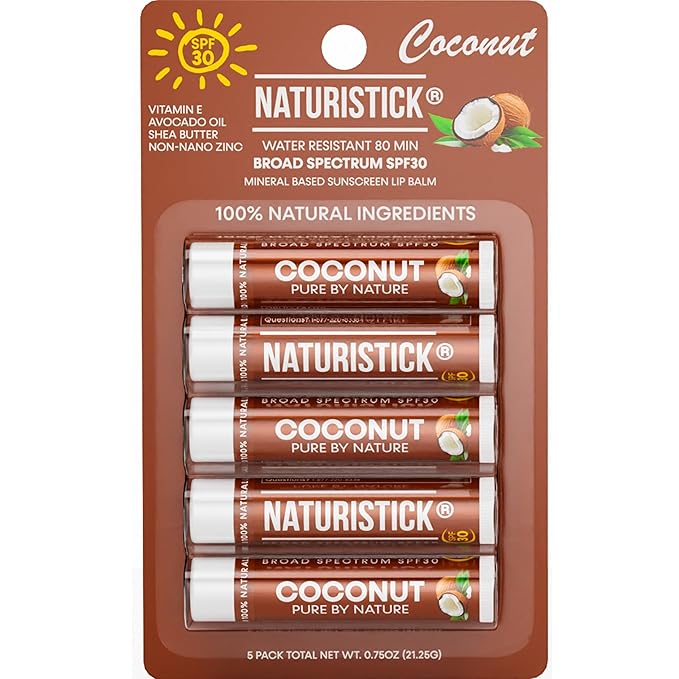 Naturistick SPF 30 Vegan Lip Balm – Mineral Sunscreen with Zinc Oxide | Broad Spectrum UVA/UVB Protection | 100% Natural, Coral-Friendly Formula | Oxybenzone Free | 5-Pack Coconut | Made in USA-Velvo Beauty