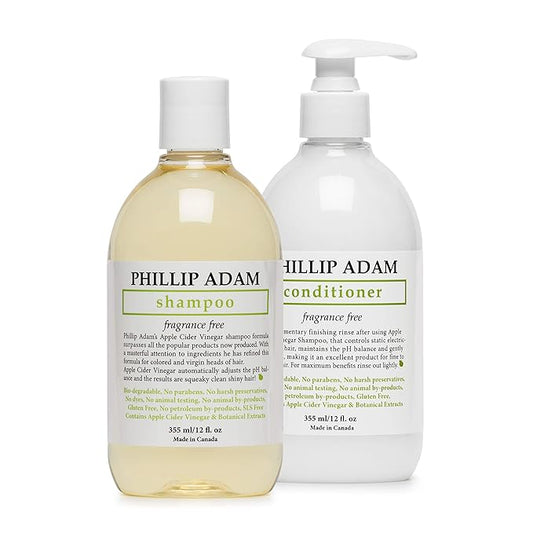 Phillip Adam Fragrance Free Shampoo and Conditioner Set with Apple Cider Vinegar - pH Balancing - Enhance Shine and Smoothness- 12 Ounce Each-Velvo Beauty