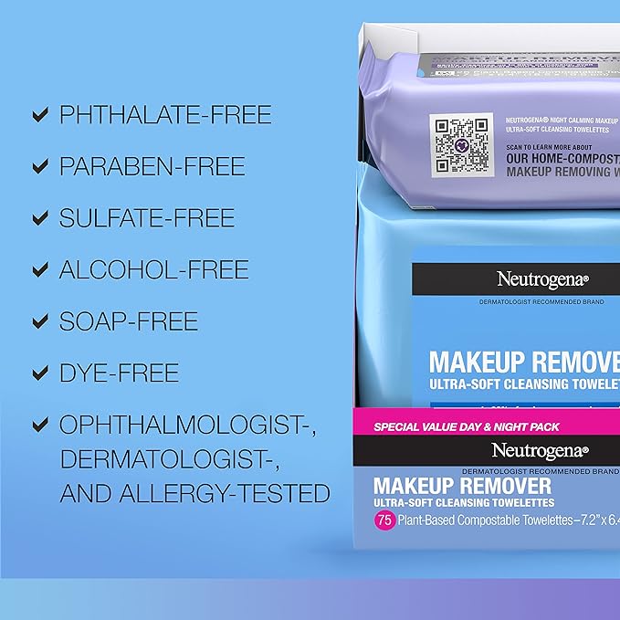 Neutrogena Day & Night Wipes, Makeup Remover Face Cleansing Towelettes & Night Calming Facial Cloths, 100% Plant Based Fibers Wipe Away Dirt, Alcohol-Free, 3 Packs of 25 ct, 75 ct-Velvo Beauty