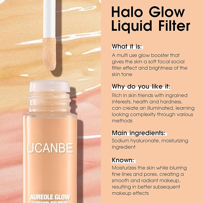 UCANBE Halo Glow Liquid Filter, Face Complexion Booster For Radiant Skin All Day Longwear, Soft-Focus Look Sodium Hyaluronate Vegan & Cruelty-Free - 0.91OZ Light Fair-Velvo Beauty