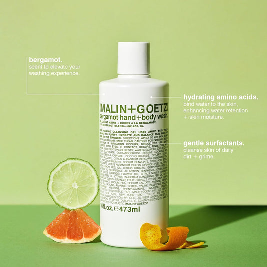 Malin + Goetz Essential Bergamot Purifying, Hydrating Hand + Body Wash, Natural Ingredients for All Skin Types, Soap for Sensitive, Dry Skin, No Stripping, Irritation, 16 Fl Oz-Velvo Beauty