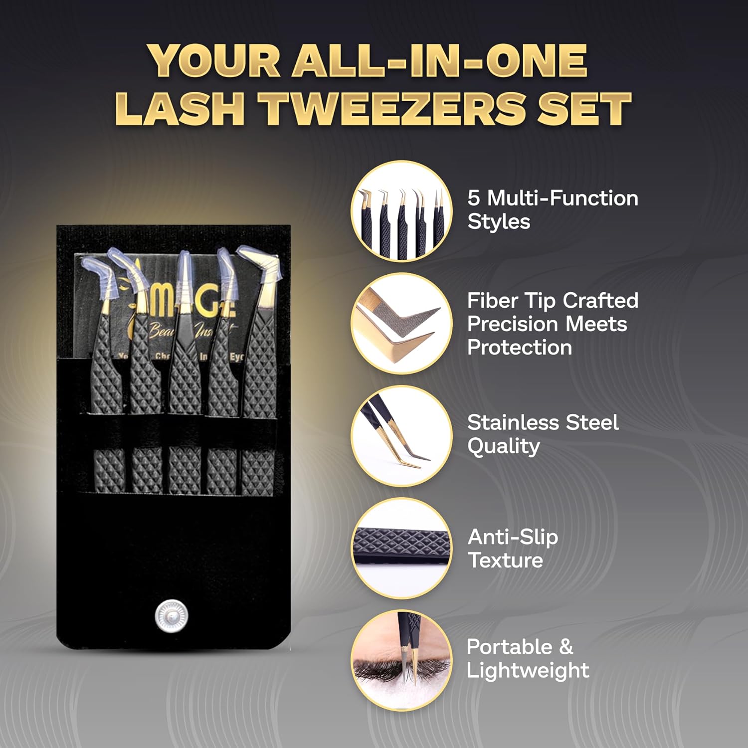 5 Pcs Fiber-Tip Japanese Steel Lash Tweezer Set with Leather Case, Professional Eyelash Tweezers for Lash Extensions – Titanium Coated, 90 & 45 Angled, Precision Pointed Tweezers (MATT BLACK)-Velvo Beauty
