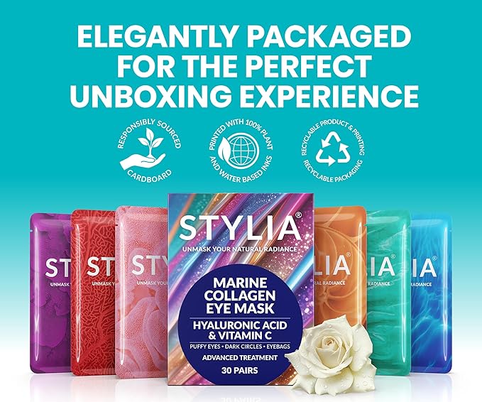 Stylia Under Eye Patches for Puffy Eyes and Dark Circles (12 Pairs) - Marine Collagen Under Eye Mask with Vitamin C, Hyaluronic Acid, Pearl Extract - Eye Masks for Dark Circles and Puffiness-Velvo Beauty