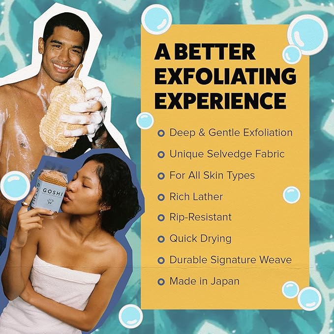 GOSHI Exfoliating Shower Sponge - Rip-Resistant, Rapid-Drying Exfoliating Bath Sponge for All Skin Types - Marigold Yellow - Made in Japan-Velvo Beauty