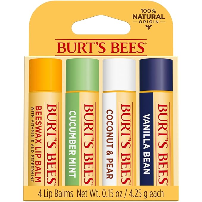 Burt's Bees Lip Balm - Beeswax, Cucumber Mint, Coconut & Pear, and Vanilla Bean Pack, With Responsibly Sourced Beeswax, Tint-Free, Natural Origin Lip Treatment, 4 Tubes, 0.15 oz.-Velvo Beauty