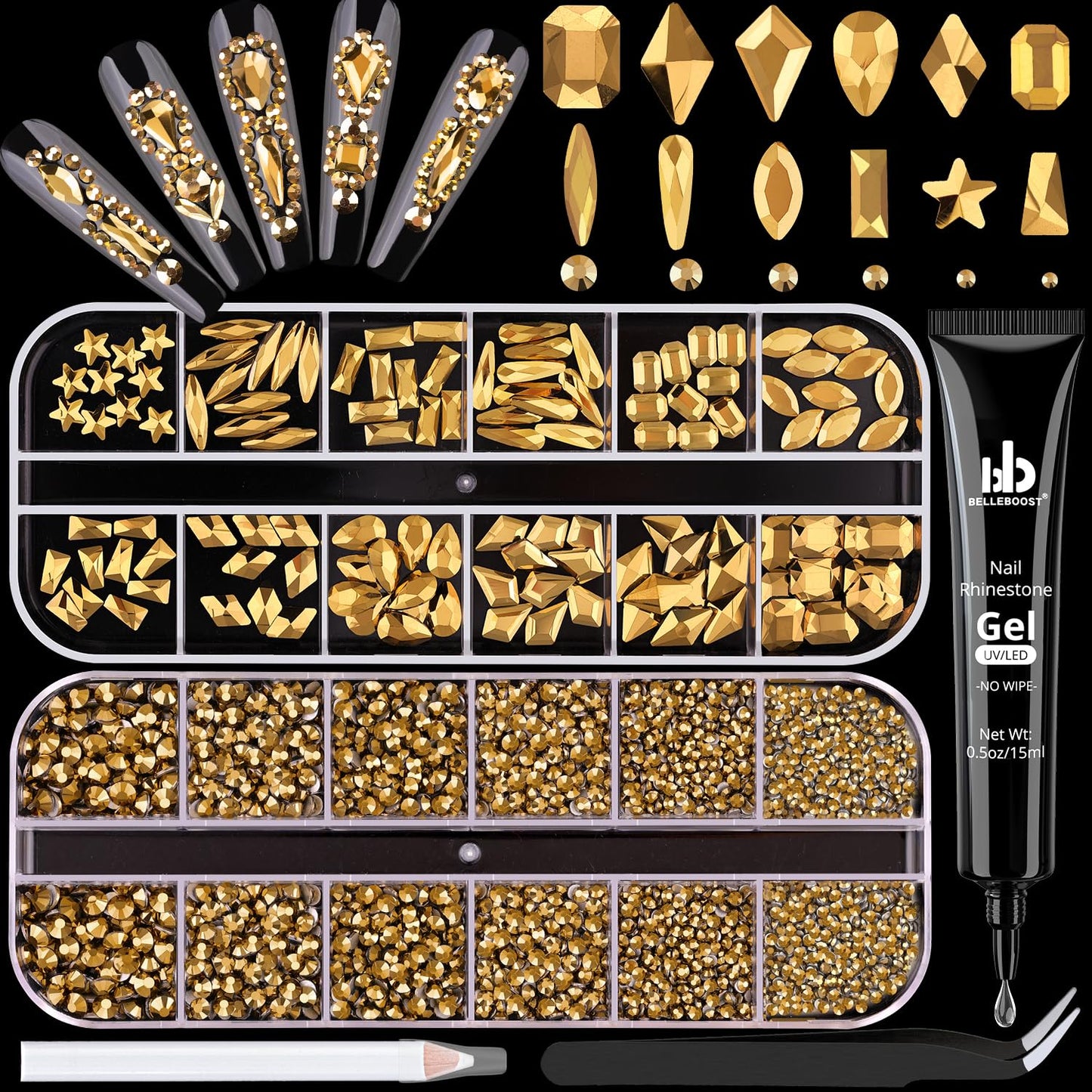 3220Pcs Mineral Gold Glass Nail Rhinestones 120Pcs Multi Shapes Flatback Nail Gems + 3100Pcs 1.5-4mm Round Crystal with Rhinestones Glue Gel, Manicure Nail Charms Diamond Gemstone for Nail Art-Velvo Beauty