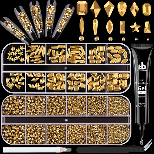 3220Pcs Mineral Gold Glass Nail Rhinestones 120Pcs Multi Shapes Flatback Nail Gems + 3100Pcs 1.5-4mm Round Crystal with Rhinestones Glue Gel, Manicure Nail Charms Diamond Gemstone for Nail Art-Velvo Beauty