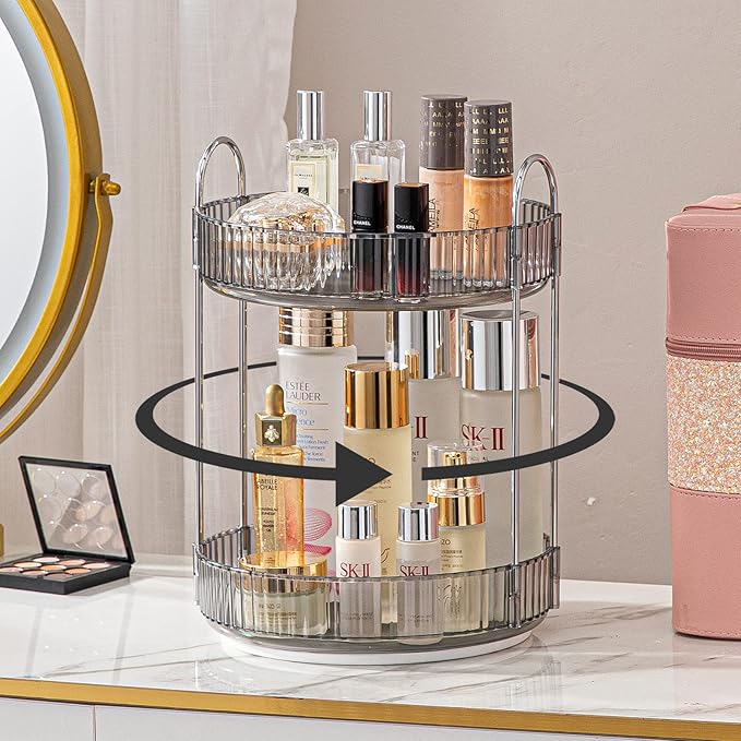 Rotating Makeup Organizer for Vanity, High-Capacity Skincare Clear Make Up Storage Perfume Organizers Cosmetic Dresser Organizer Countertop 360 Spinning (Gray, 2 Tier)-Velvo Beauty