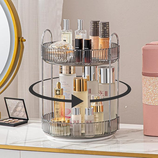 Rotating Makeup Organizer for Vanity, High-Capacity Skincare Clear Make Up Storage Perfume Organizers Cosmetic Dresser Organizer Countertop 360 Spinning (Gray, 2 Tier)-Velvo Beauty