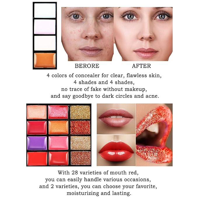 Professional Makeup Palette Set, 36 Colors Eyeshadow + 28 Lip Glosses + 4 Concealer Powder + 3 Blushers + 2 Contouring + 1 Highlight + 3 Brushes + Mirror, Make Up Palette Set-Velvo Beauty