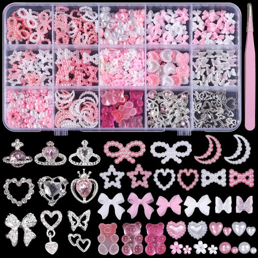 Silver Nail Gems Charms, 3D Pink Color Nail Art Charms, Acrylic Blossom Tiny Flowers Flatback Multi Styles Pearls Nail Charms Planet Heart Butterfly Nail Diamond Charms for Nails Manicure DIY Crafts-Velvo Beauty