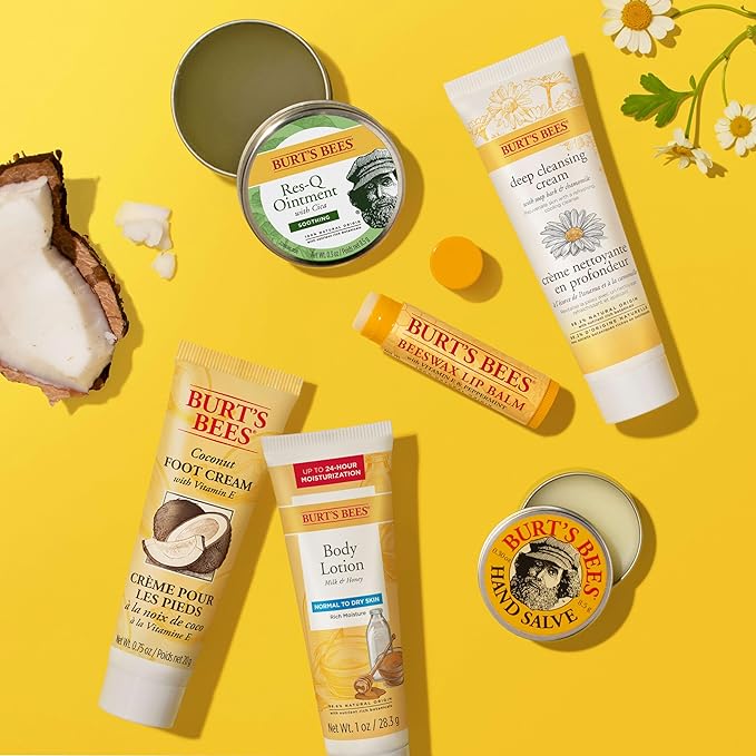 Burt's Bees Back to School Gifts Ideas, 6 College Dorm Products, Timeless Minis Set – Beeswax Lip Balm, Coconut Foot Cream, Milk & Honey Body Lotion, Deep Cleansing Cream, Res-Q Ointment & Hand Salve-Velvo Beauty