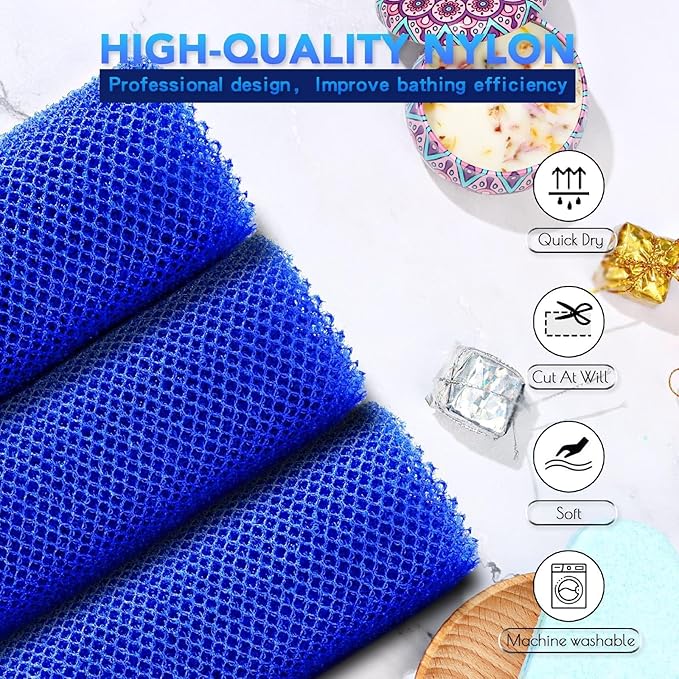UJFQBH 3 Pieces African Bath Sponge African Net Long Net Bath Sponge Exfoliating Shower Body Scrubber Back Scrubber Skin Smoother,Great for Daily Use (Blue)-Velvo Beauty