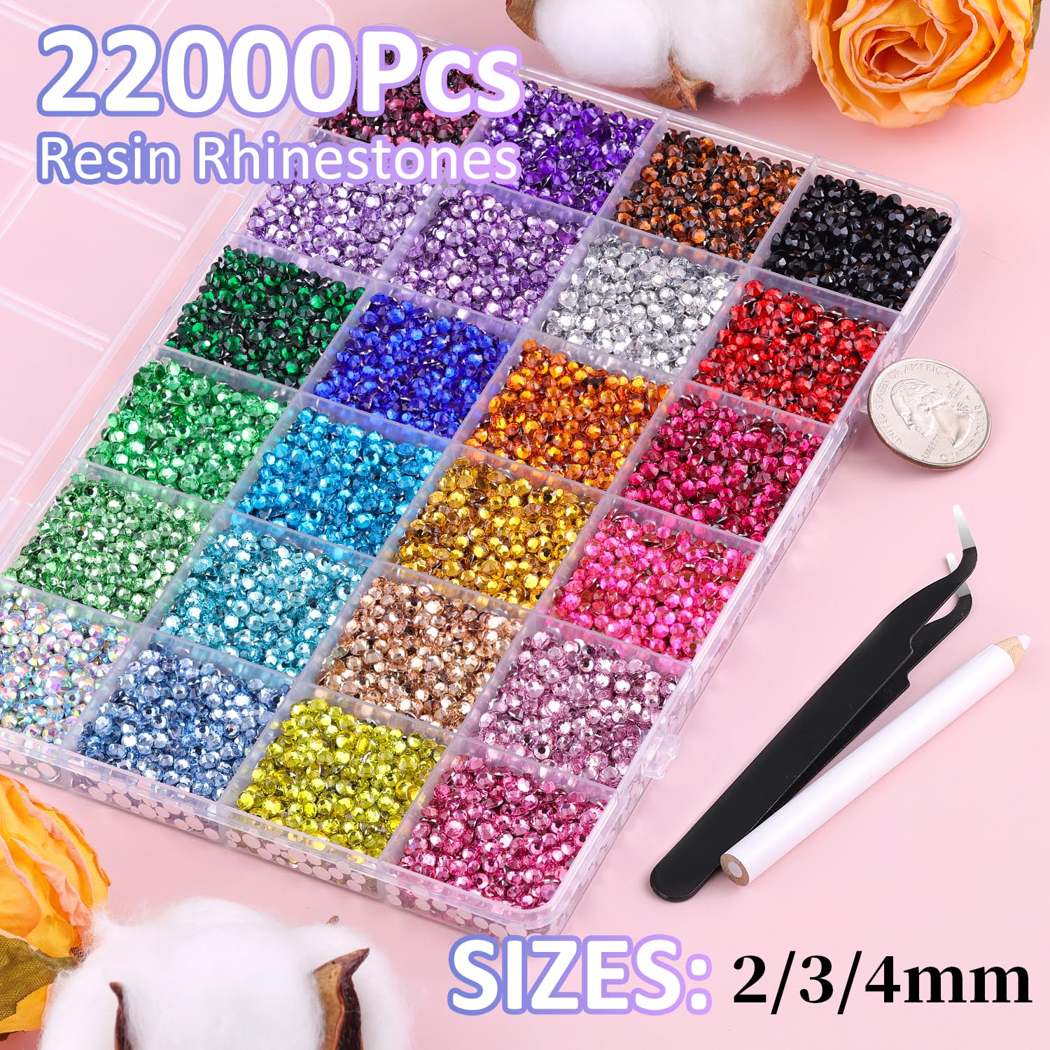 22000Pcs Resin Rhinestones for Bedazzling with Tweezers, Multicolor 2/3/4mm Rhinestones for Crafting with 3Pcs 10ml B7000 Jewelry Glue for DIY Crafts Clothing Tumblers Shoes Fabric Nail Art-Velvo Beauty