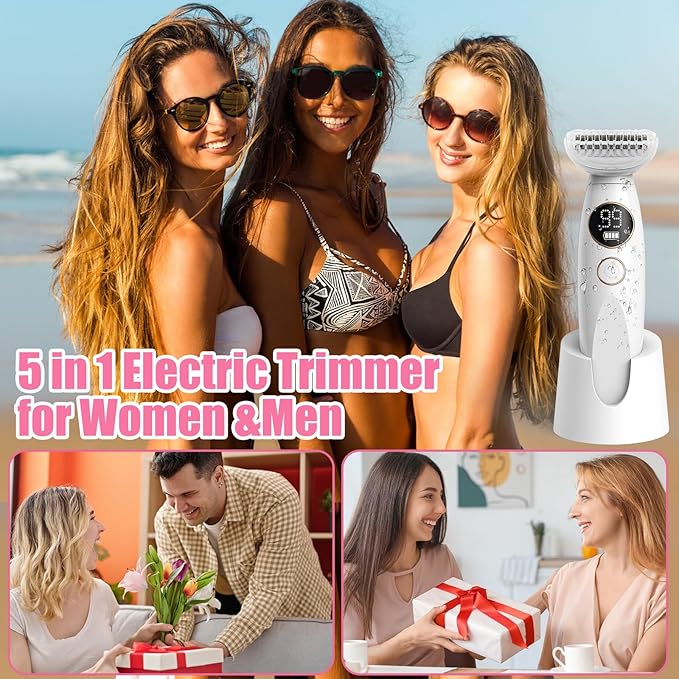 5 in 1 Bikini Trimmer for Women, Electric Razors for Women Pubic Hair Trimmer Waterproof Facial Hair Removal Cordless Electric Bikini Shaver with USB Charge Dock-Velvo Beauty