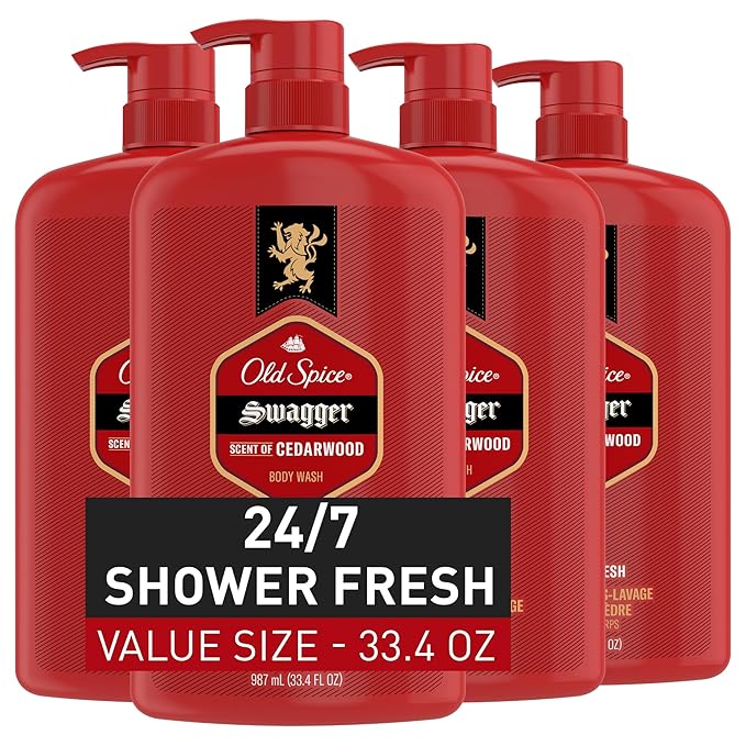 Old Spice Body Wash for Men, 24/7 Shower Fresh with Lasting Scent, Red Collection, Swagger with Cedarwood Scent, 33.4 fl oz (Pack of 4)-Velvo Beauty