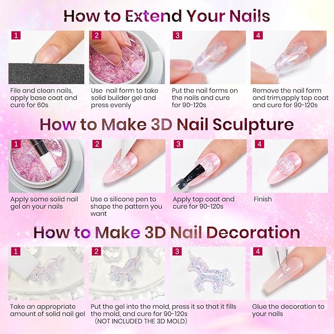 MIZHSE 2PCS Solid Builder Gel for Nails: 30g/1oz Clear & Pink Glitter Hard Gels for Nails 3D Gel with Dual Forms 3D Silicone Mold Soak off U V Builder Gels for Nail Art Manicure Home DIY-Velvo Beauty