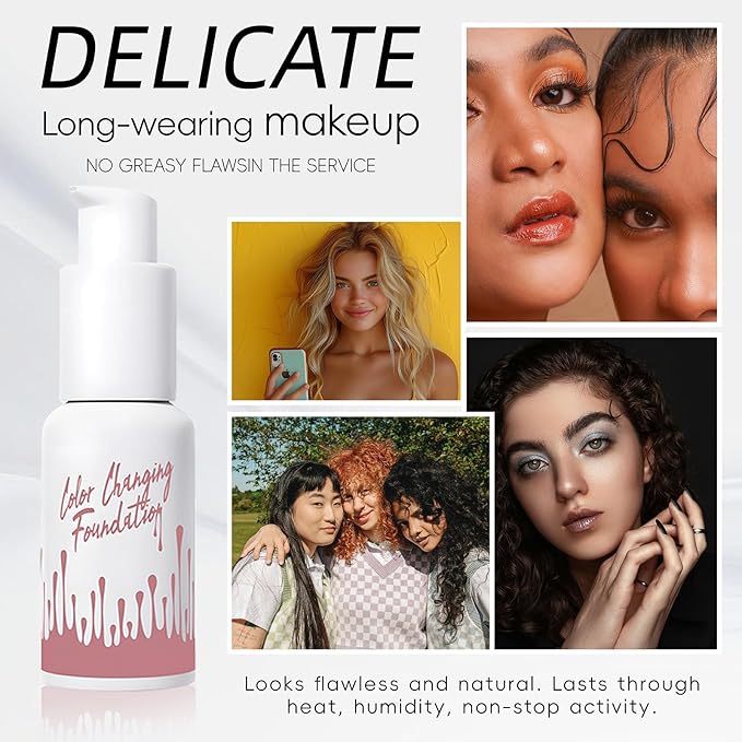 Color Changing Foundation Liquid, Skintone Matching Foundation, Full Coverage, Long Lasting, Lightweight Coverage, Oil Free and Silicon Free, Double Wear, Lightening, Sweat and Water Resistant-Velvo Beauty