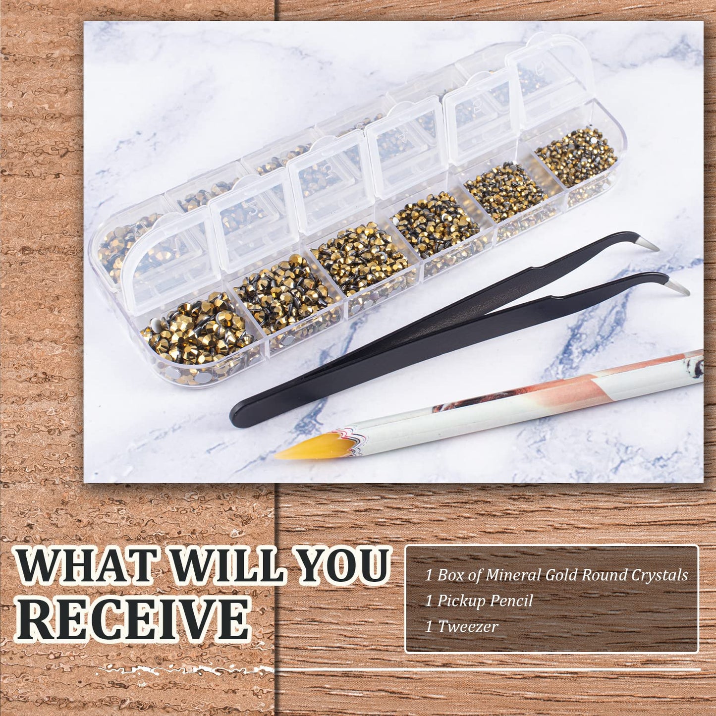 3600pcs Glass Mineral Gold Nail Rhinestones 6 Sizes(1.8/2/2.4/2.8/3/4mm) Flatback Crystal Nail Charms Jewels Decoration for Nail Art and Crafting, Tweezer and Pickup Pen included-Velvo Beauty
