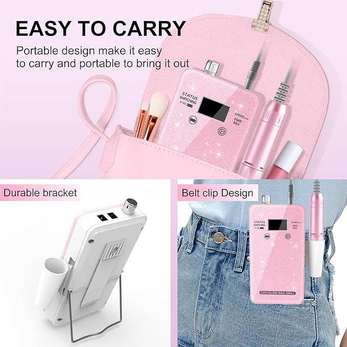 Professional Electric Nail Drill File:COSYGLOW Glitter Portable Cordless E-File Nail Drill Kit with 11 Drill Bits,30000 RPM Rechargeable Nail Drills Machine for Acrylic Nails Gel Polishing (Pink)-Velvo Beauty