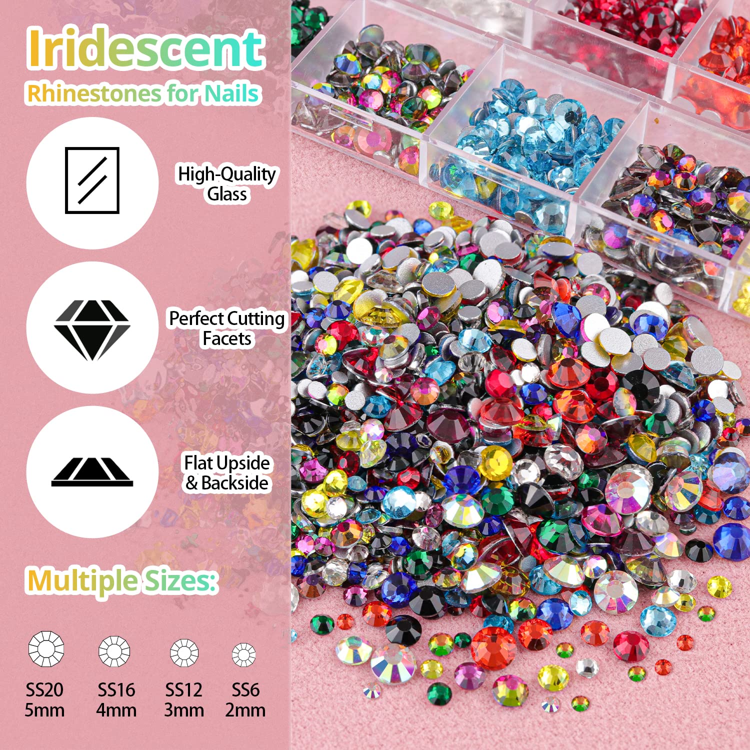 Round Flatback Face Gems Kit (Colorful) for Makeup with Quick Dry Glue + Brush + Tweezer, Nail Art Rhinestones Mixed Color Iridescent Chameleon Glass Crystal Beads for Make-up Deco-Velvo Beauty