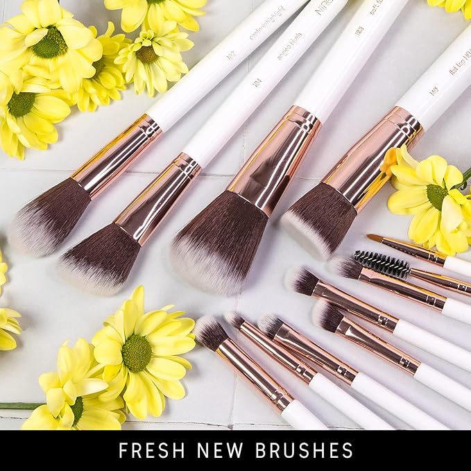 Niré Beauty White 15piece Award Winning Professional Makeup Brush Set: Vegan Makeup Brushes with Case, Makeup Sponge, Cleaner, Guide, Gift Box-Velvo Beauty