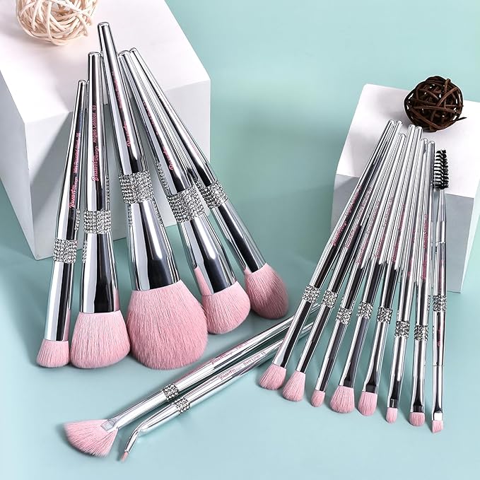 Bueart Design Elegant pink Ultra soft labeled Makeup Brushes Sets with Brush Holder makeup brush set with Foundation Powder blush blending contour Brush (15Pcs Silver Pink+Holder)-Velvo Beauty