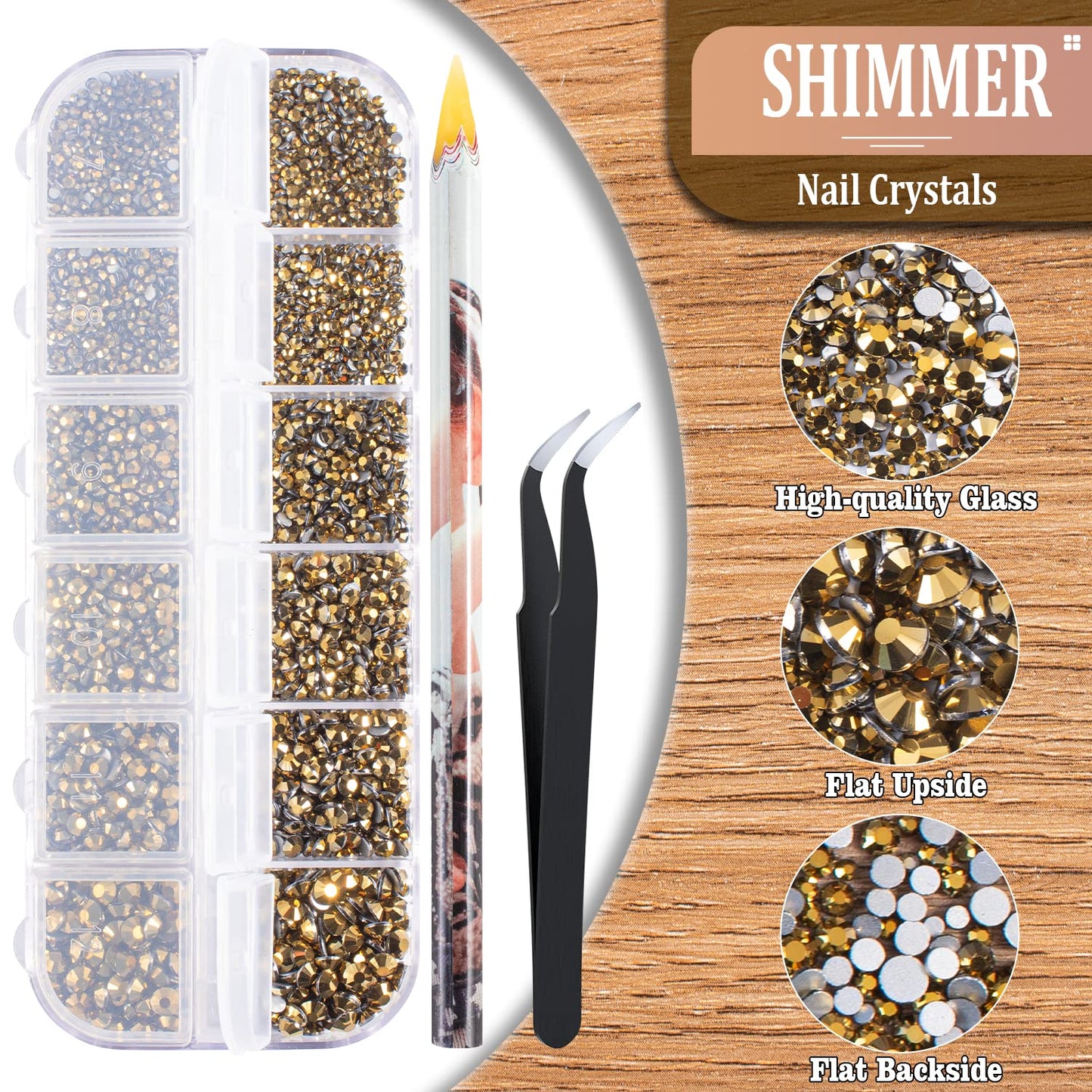 3600pcs Glass Mineral Gold Nail Rhinestones 6 Sizes(1.8/2/2.4/2.8/3/4mm) Flatback Crystal Nail Charms Jewels Decoration for Nail Art and Crafting, Tweezer and Pickup Pen included-Velvo Beauty