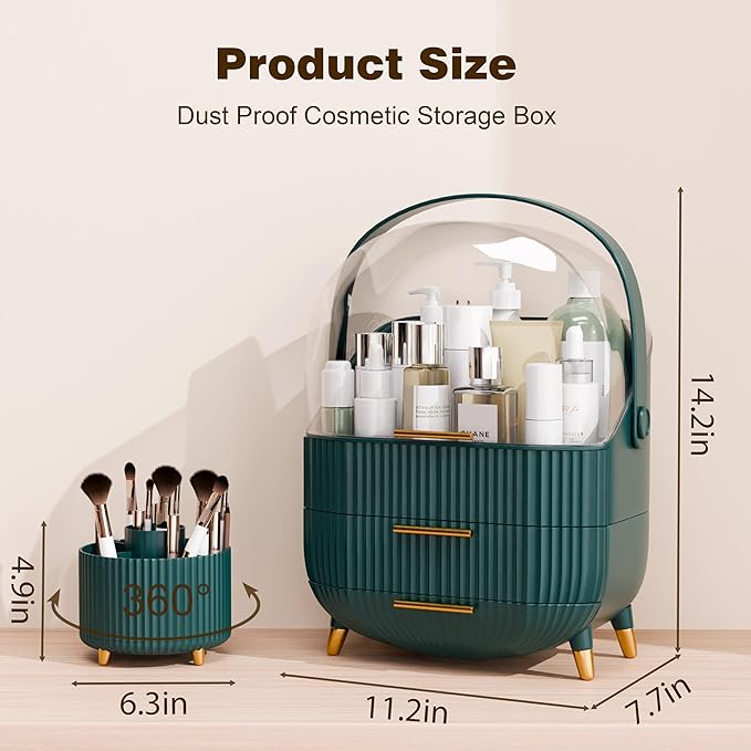 Makeup Organizers and Storage Make up Organizer for Vanity Cosmetics Skincare With Lid and Drawers Display Cases for Countertop Bathroom Women Teenager Girl Gifts(Dark Green+Brush Holder)-Velvo Beauty