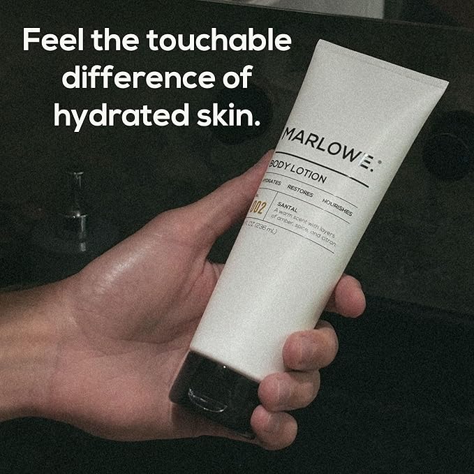 MARLOWE. No. 002 Santal Body Lotion 8 Oz, Moisturizing & Nourishing Daily Dry Skin Lotion for Men, Made with Hydrating Natural Aloe Vera, Non-Oily, Warm Amber, Sandalwood & Citron Scent, Vegan-Velvo Beauty
