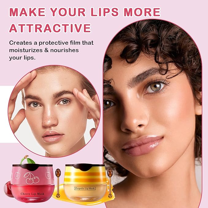 2PCS Bee Lip Balm Honey Pot Cherry Honey Lip Balm Sleeping Lip Mask Silky Hydrating Bee Lip Balm Honey Lip Mask Overnight Lip Care Products(Honey+Cherry)-Velvo Beauty
