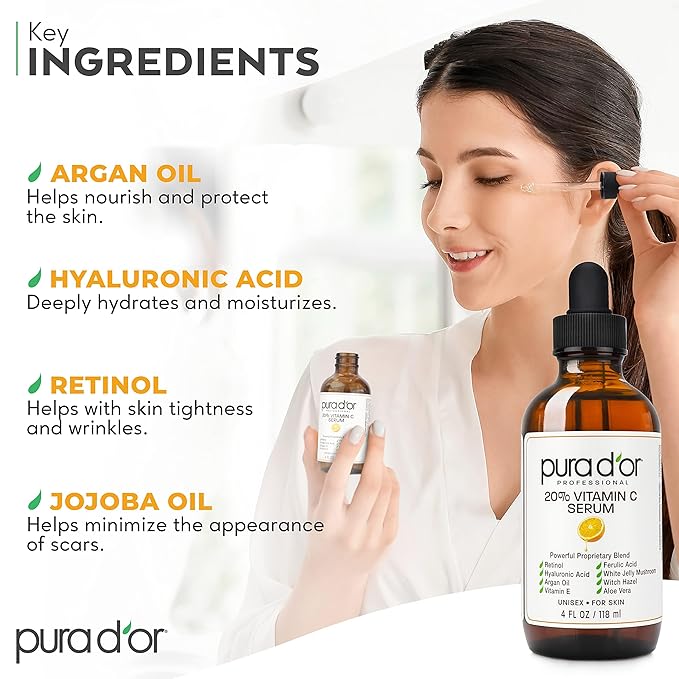 PURA D'OR 20% Vitamin C Serum 4 Oz - Lightweight Maximum Strength Formula - Retinol, Hyaluronic Acid, Ferulic Acid - Professional Grade Treatment For Face & Eyes, Wrinkles - Men & Women-Velvo Beauty