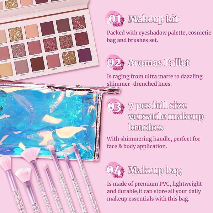 UCANBE Makeup Kit for Women & Teens,18 Colors Nude Eyeshadow +7pcs Soft Makeup Brushes + Pink Cosmetic Bag Makeup Sets, Shimmer Matte Glitter Makeup Palettes Set for Girls Beginners & Professional-Velvo Beauty