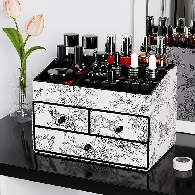 GORESE Leather Makeup Organizer with 3 Drawers for Vanity, Stackable Skincare Holder Dresser Organizer Countertop, Make Up Storage Organizers Counter Cosmetic Display Case Gift for Women(Retro Black)-Velvo Beauty