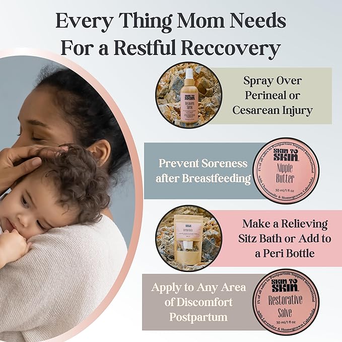 Skin to Skin Postpartum Kit-4 Piece Set in Cosmetic Bag - Postpartum Recovery - Includes: Herbal Bath, Recovery Spray, Restorative Salve, and Nipple Butter - Postpartum Care Kit - After Birth Care Kit-Velvo Beauty