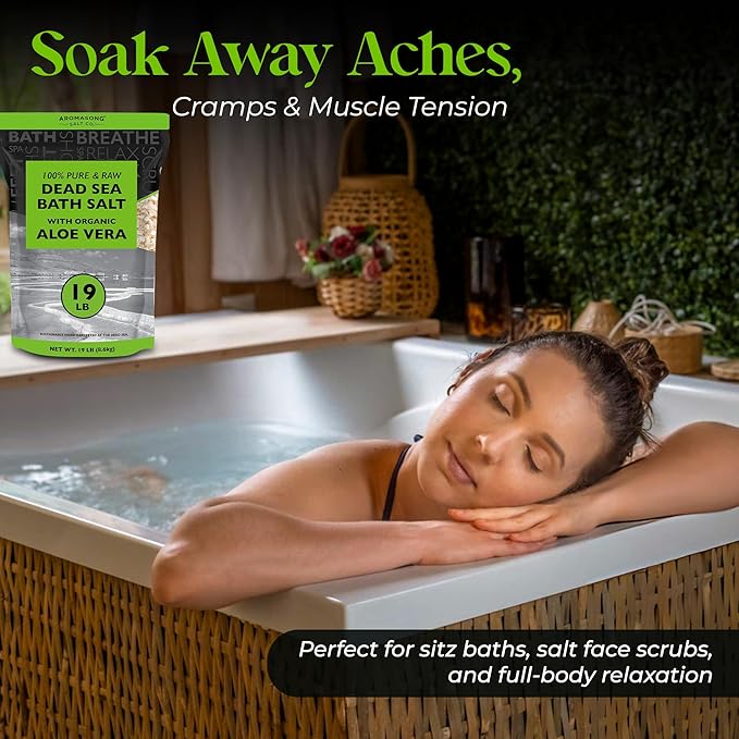 Aromasong 19 lbs RAW Dead Sea Salt with Organic Aloe Vera, not Cleaned, Still Contains All Dead sea Minerals Including Dead sea Mud, Fine Medium Grain Large resealable Bulk Pack - Packaging May Vary-Velvo Beauty