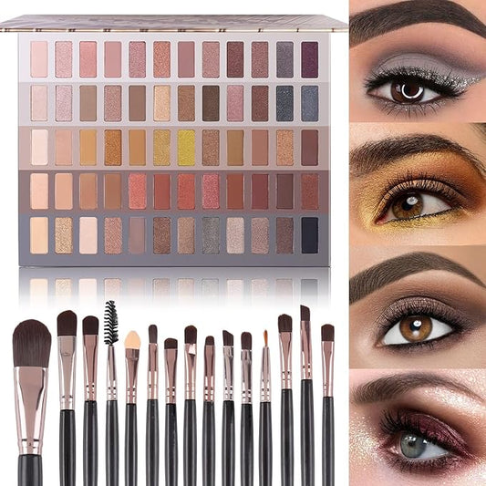 UCANBE 60 Colors Naked Eyeshadow Palette + Makeup Brush Set, All in One Nude Neutral Smokey Makeup Pallet with Brushes, Pigmented Warm Matte Shimmer Powder Eye Shadows Cosmetic Halloween Beauty Kit-Velvo Beauty
