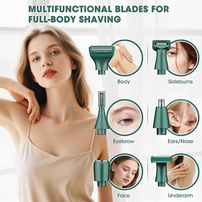 Karrte 6-in-1 Electric Razor for Women's Pubic Hair, Painless Body Shaver and Facial Epilator, Hair Removal for Face, Bikini Trimmer for Women's Private Area Green-Velvo Beauty