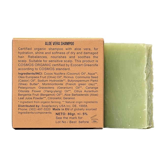 SoapFactory Organic Solid Shampoo Bar for thinning Hair, Hair Soap with Aloe Vera for Men and Women, 100% Natural, Vegan, Handmade, Plastic Free, 3 ounce-Velvo Beauty