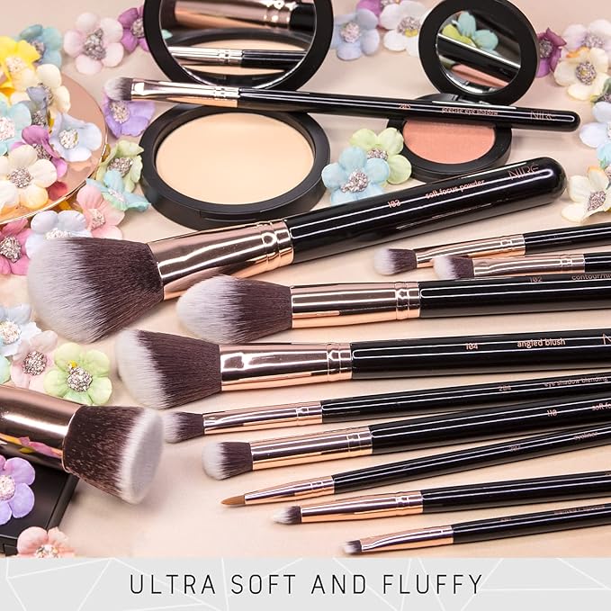 Niré Beauty 15piece Award Winning Professional Makeup Brush Set: Vegan Makeup Brushes with Case, Makeup Sponge, Brush Cleaner, Guide, Gift Box-Velvo Beauty