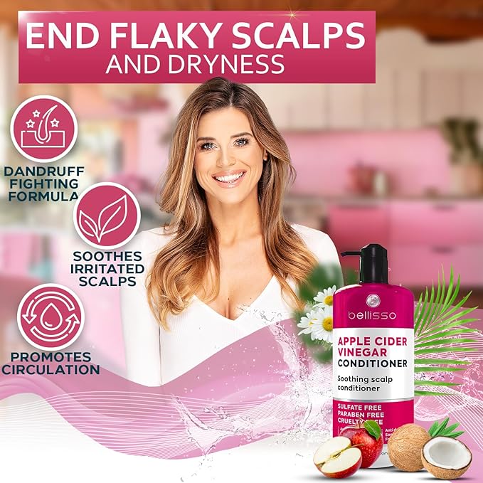 Apple Cider Vinegar Conditioner - Sulfate Paraben and Silicone Free - For Dry, Damaged and Oily Hair - Anti Dandruff Product for Fine Itchy Scalp Build Up - Cleansing Treatment for Women and Men-Velvo Beauty