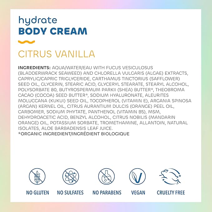 Seaweed Bath Co. Hydrate Body Cream, Citrus Vanilla Scent, 6 Ounce, Nourishing Hand & Body Lotion Moisturizer for Dry Skin, with Sustainably Harvested Seaweed, Kukui Oil, Hyaluronic Acid, Shea Butter-Velvo Beauty