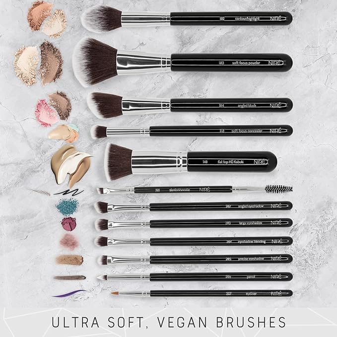 Niré Beauty 15piece Award Winning Professional Makeup Brush Set: Vegan Makeup Brushes with Case, Makeup Sponge, Brush Cleaner, Guide, Gift Box-Velvo Beauty