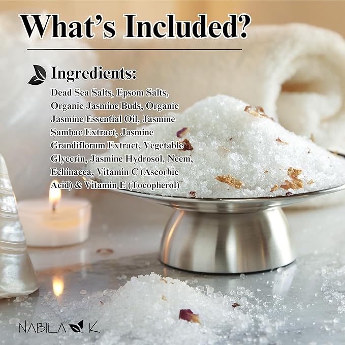 Organic Jasmine Bath Salts by Nabila K - Dead Sea Salt & Epsom Salt Scrub & Soak - Exfoliates & Hydrates Skin, Botanical Essential Oils - Bubble Bath Accessories for All Skins Types, 8 oz-Velvo Beauty